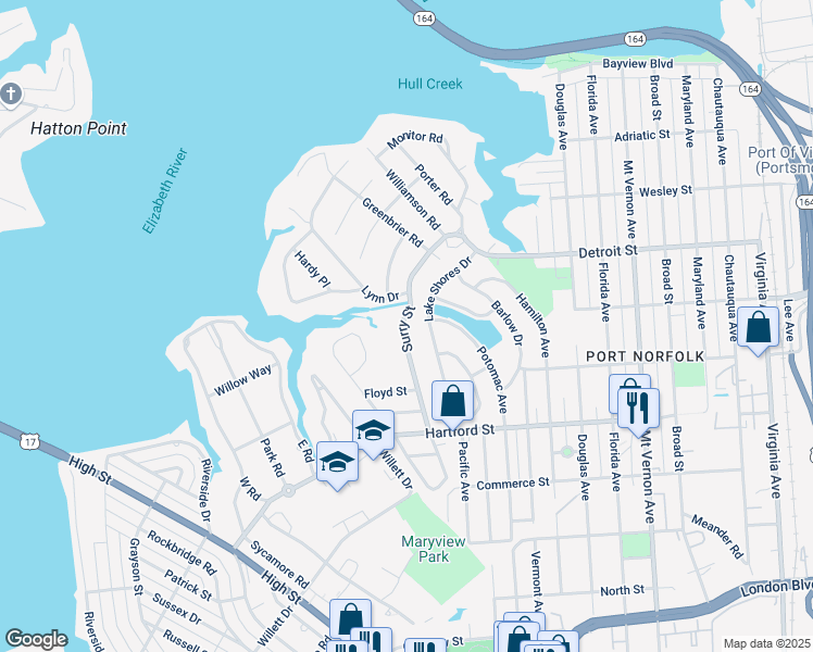 map of restaurants, bars, coffee shops, grocery stores, and more near 611 Surry Street in Portsmouth