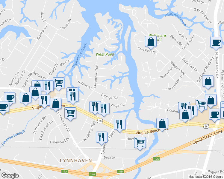 map of restaurants, bars, coffee shops, grocery stores, and more near 2613 Boush Quarter in Virginia Beach