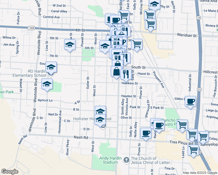 map of restaurants, bars, coffee shops, grocery stores, and more near 929 Monterey Street in Hollister
