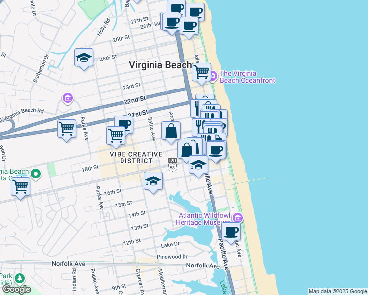 map of restaurants, bars, coffee shops, grocery stores, and more near 367 18th Street in Virginia Beach