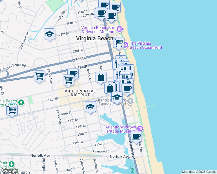 map of restaurants, bars, coffee shops, grocery stores, and more near 367 18th Street in Virginia Beach