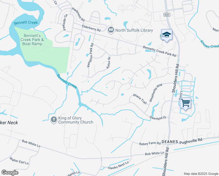 map of restaurants, bars, coffee shops, grocery stores, and more near 3608 Cavaletti Chase in Suffolk