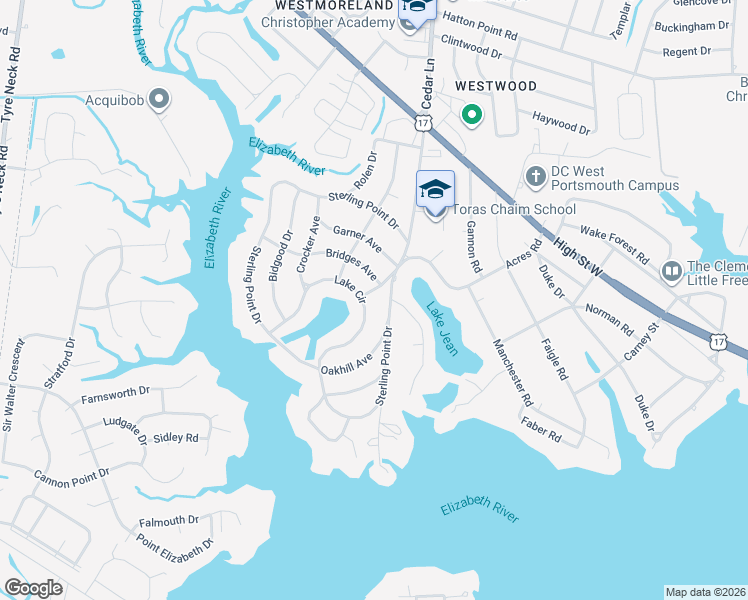 map of restaurants, bars, coffee shops, grocery stores, and more near 2901 Feudist Drive in Portsmouth