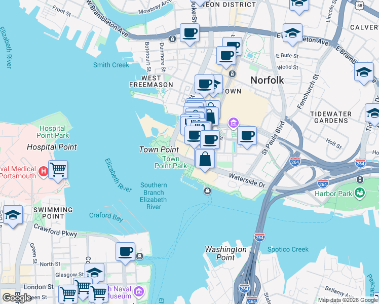 map of restaurants, bars, coffee shops, grocery stores, and more near 101 East Main Street in Norfolk