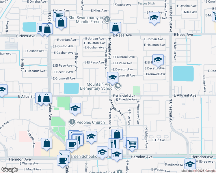 map of restaurants, bars, coffee shops, grocery stores, and more near 7574 North Trellis Circle in Fresno
