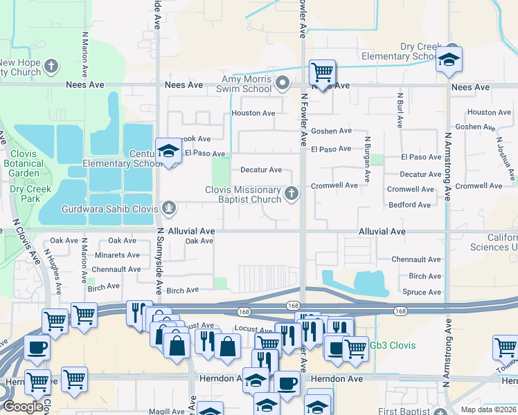 map of restaurants, bars, coffee shops, grocery stores, and more near 1700 Bedford Avenue in Clovis