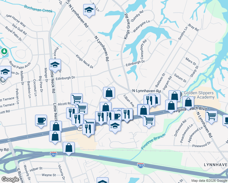 map of restaurants, bars, coffee shops, grocery stores, and more near 453 Leslie Terrace in Virginia Beach