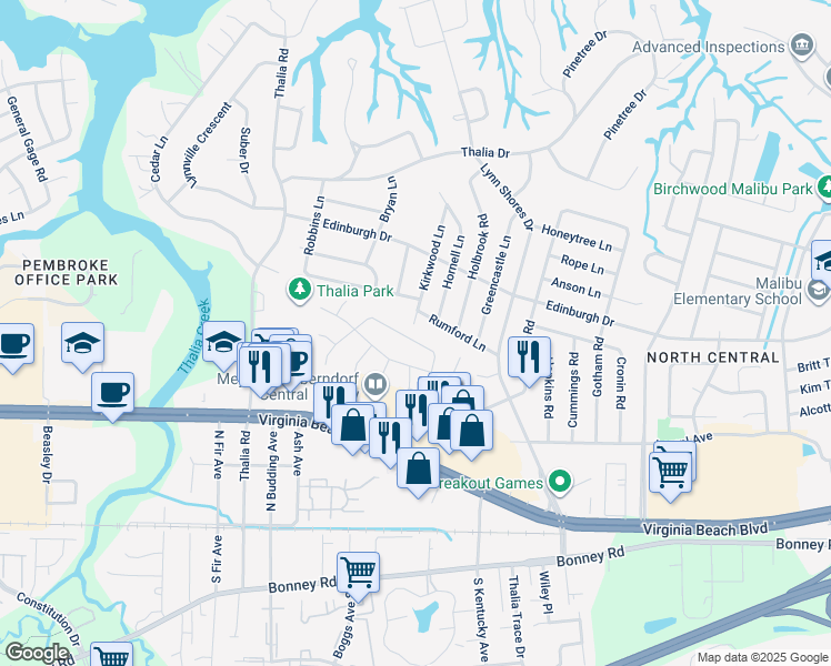 map of restaurants, bars, coffee shops, grocery stores, and more near 3940 Roebling Lane in Virginia Beach