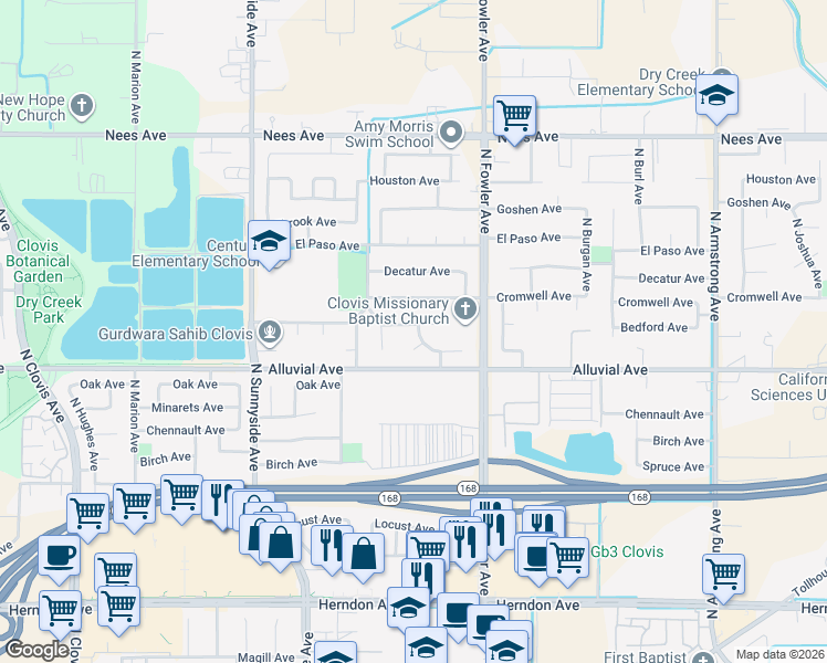 map of restaurants, bars, coffee shops, grocery stores, and more near 1700 Bedford Avenue in Clovis