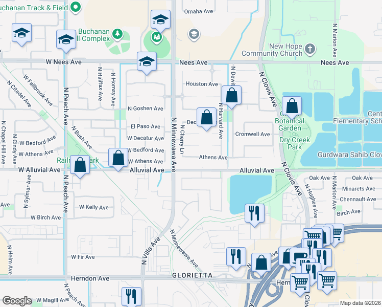 map of restaurants, bars, coffee shops, grocery stores, and more near 219 Athens Avenue in Clovis