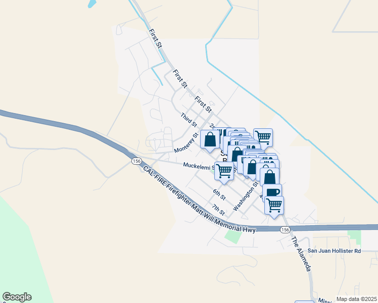 map of restaurants, bars, coffee shops, grocery stores, and more near 802 Marentis Court in San Juan Bautista