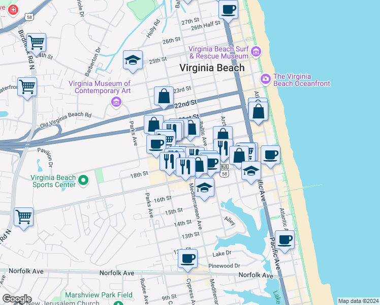 map of restaurants, bars, coffee shops, grocery stores, and more near 516 19th Street in Virginia Beach