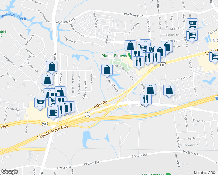 map of restaurants, bars, coffee shops, grocery stores, and more near 576 Chapel Lake Drive in Virginia Beach