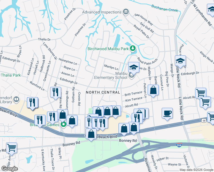 map of restaurants, bars, coffee shops, grocery stores, and more near 500 Edinburgh Place in Virginia Beach