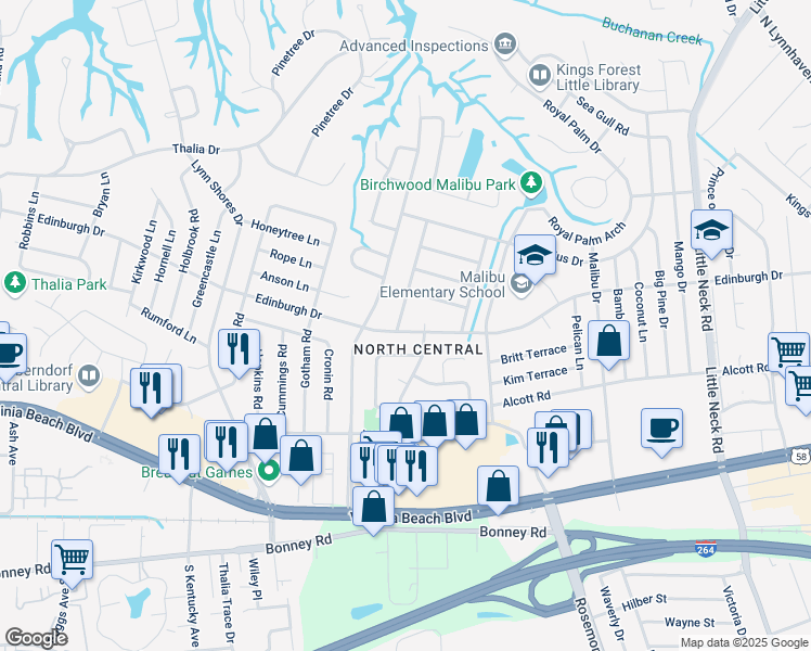 map of restaurants, bars, coffee shops, grocery stores, and more near 501 Sweeney Road in Virginia Beach