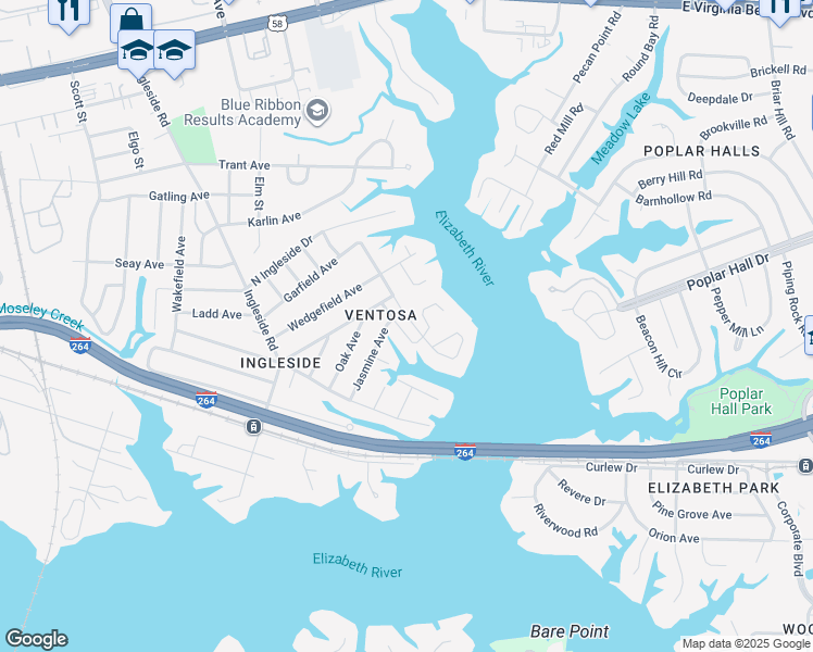 map of restaurants, bars, coffee shops, grocery stores, and more near 804 Townsend Court in Norfolk