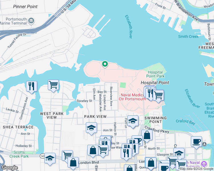 map of restaurants, bars, coffee shops, grocery stores, and more near 8 Riverview Avenue in Portsmouth