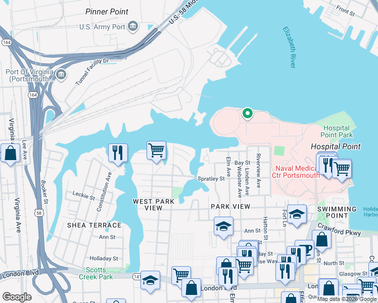 map of restaurants, bars, coffee shops, grocery stores, and more near 1517 Bradford Terrace in Portsmouth