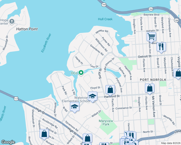 map of restaurants, bars, coffee shops, grocery stores, and more near 500 Lanier Crescent in Portsmouth