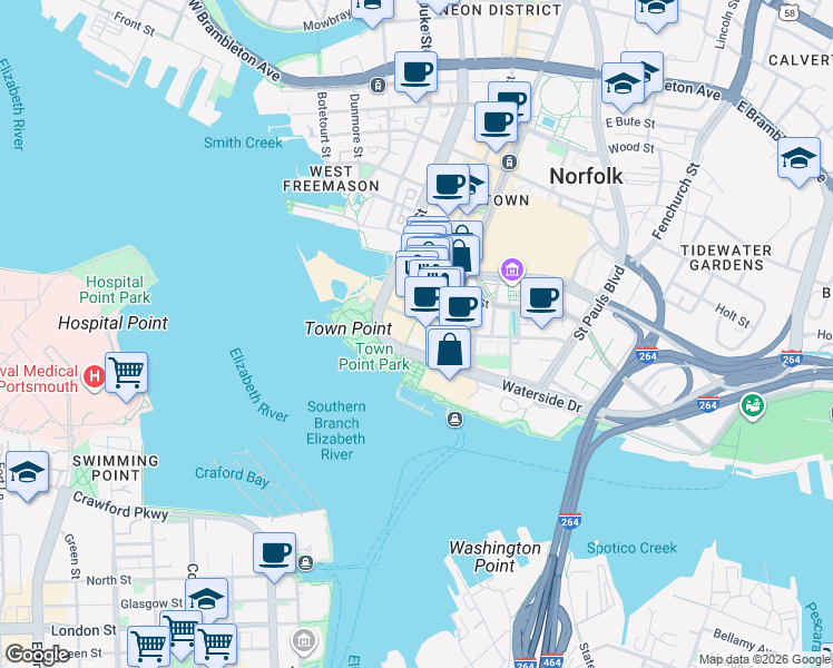 map of restaurants, bars, coffee shops, grocery stores, and more near 101 East Main Street in Norfolk