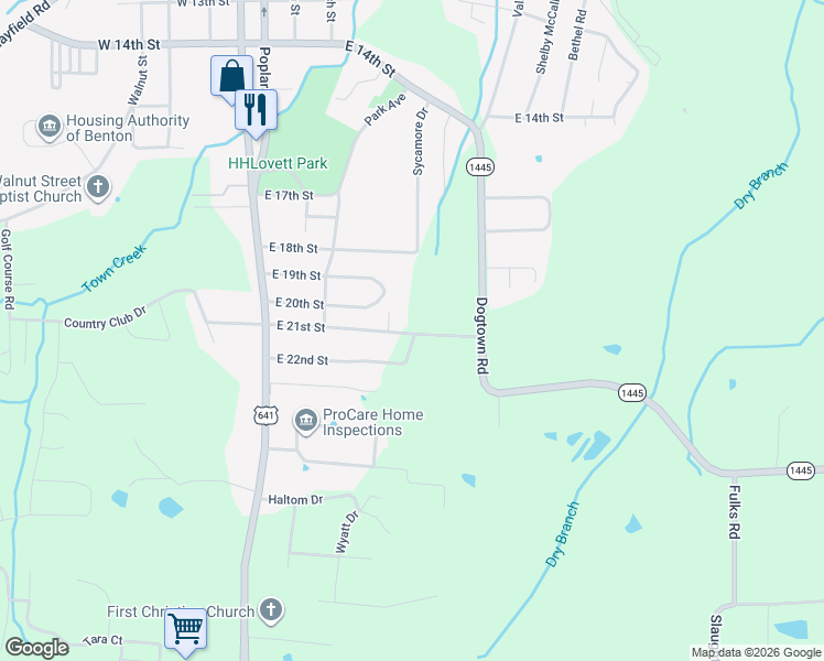 map of restaurants, bars, coffee shops, grocery stores, and more near 275-295 East 21st Street in Benton