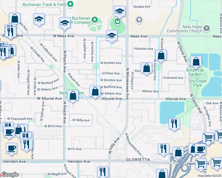 map of restaurants, bars, coffee shops, grocery stores, and more near 80 West Bedford Avenue in Clovis