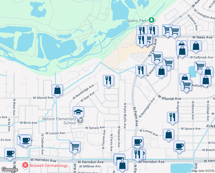 map of restaurants, bars, coffee shops, grocery stores, and more near 1170 West Bedford Avenue in Fresno