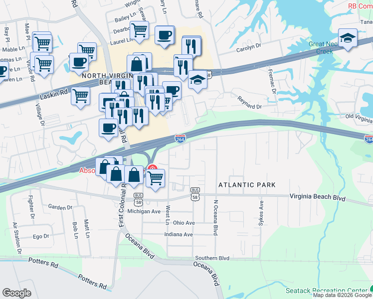 map of restaurants, bars, coffee shops, grocery stores, and more near 485 Hill Meadow Drive in Virginia Beach