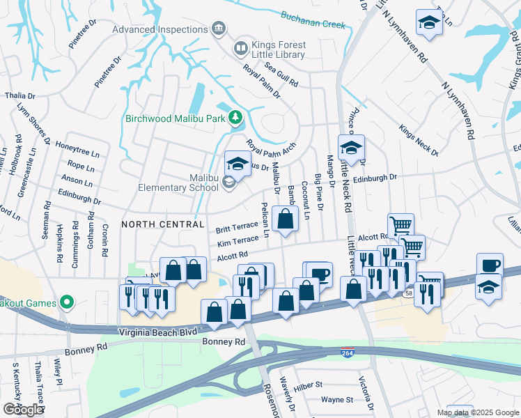 map of restaurants, bars, coffee shops, grocery stores, and more near 436 Pelican Lane in Virginia Beach