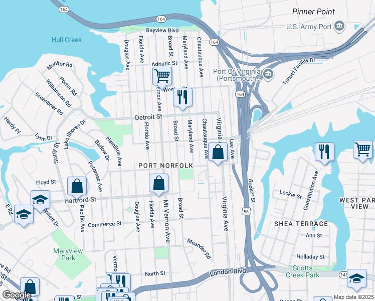 map of restaurants, bars, coffee shops, grocery stores, and more near 520 Maryland Avenue in Portsmouth