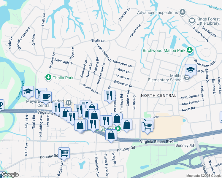 map of restaurants, bars, coffee shops, grocery stores, and more near 497 Cronin Road in Virginia Beach