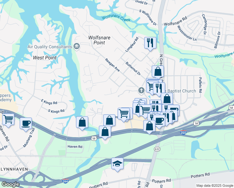map of restaurants, bars, coffee shops, grocery stores, and more near 446 Lake Havasu Drive in Virginia Beach