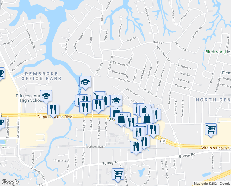 map of restaurants, bars, coffee shops, grocery stores, and more near 4006 Ditmas Court in Virginia Beach