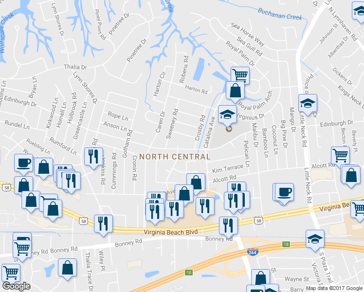 map of restaurants, bars, coffee shops, grocery stores, and more near 500 Edinburgh Place in Virginia Beach