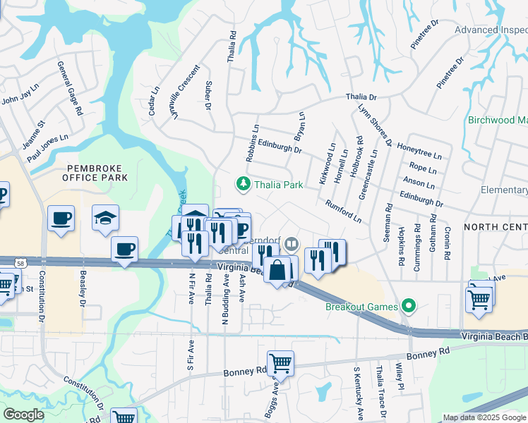 map of restaurants, bars, coffee shops, grocery stores, and more near 4006 Ditmas Court in Virginia Beach