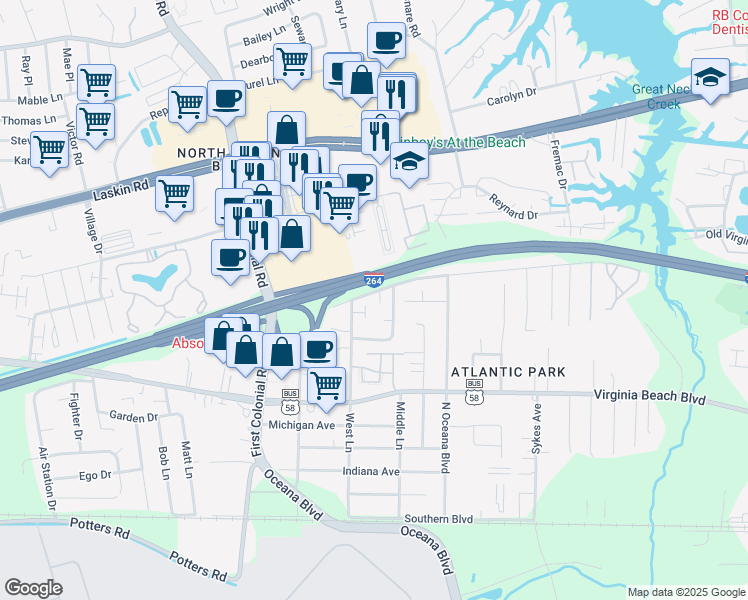 map of restaurants, bars, coffee shops, grocery stores, and more near 1551 Old Virginia Beach Road in Virginia Beach