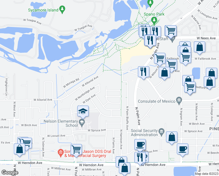 map of restaurants, bars, coffee shops, grocery stores, and more near 1170 West Bedford Avenue in Fresno