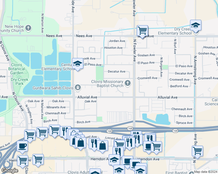 map of restaurants, bars, coffee shops, grocery stores, and more near 1628 Bedford Avenue in Clovis