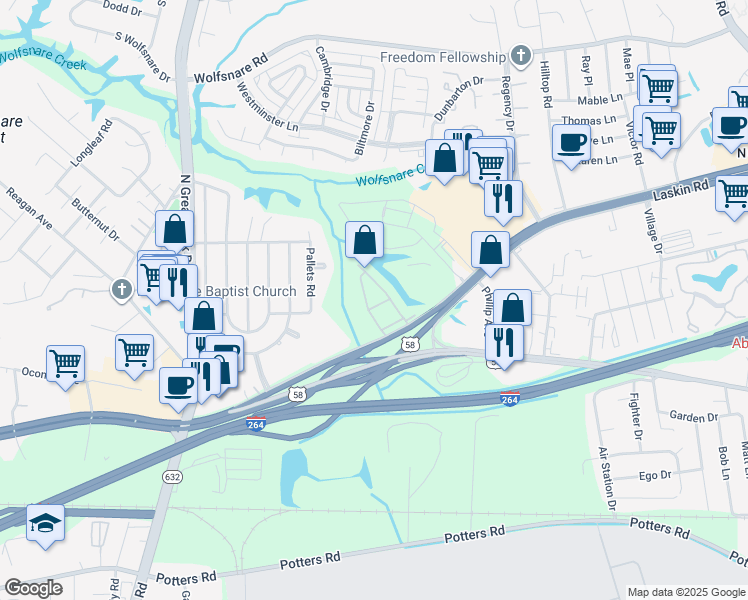 map of restaurants, bars, coffee shops, grocery stores, and more near 500 Chapel Lake Drive in Virginia Beach