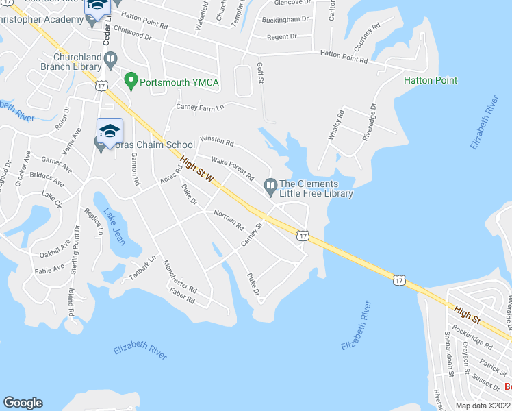 map of restaurants, bars, coffee shops, grocery stores, and more near 4504 High Street West in Portsmouth