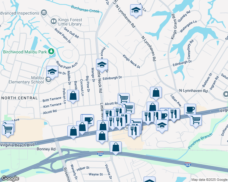 map of restaurants, bars, coffee shops, grocery stores, and more near 425 King Richard Drive in Virginia Beach