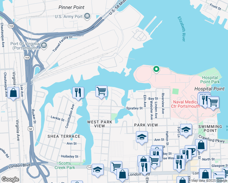 map of restaurants, bars, coffee shops, grocery stores, and more near 1524 Mathews Terrace in Portsmouth