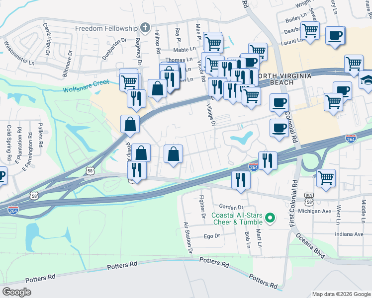 map of restaurants, bars, coffee shops, grocery stores, and more near 403 North Amsterdam Court in Virginia Beach