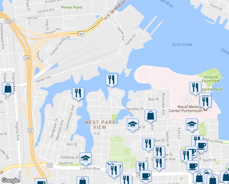 map of restaurants, bars, coffee shops, grocery stores, and more near 1524 Mathews Terrace in Portsmouth