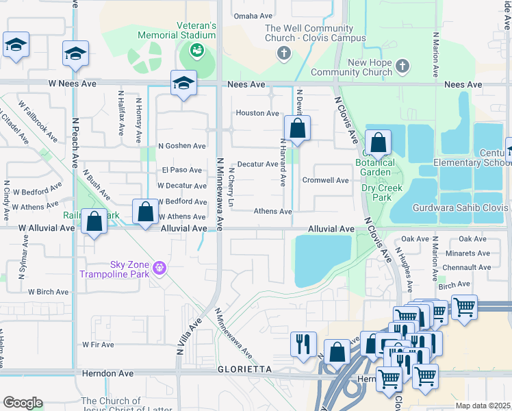 map of restaurants, bars, coffee shops, grocery stores, and more near 219 Athens Avenue in Clovis