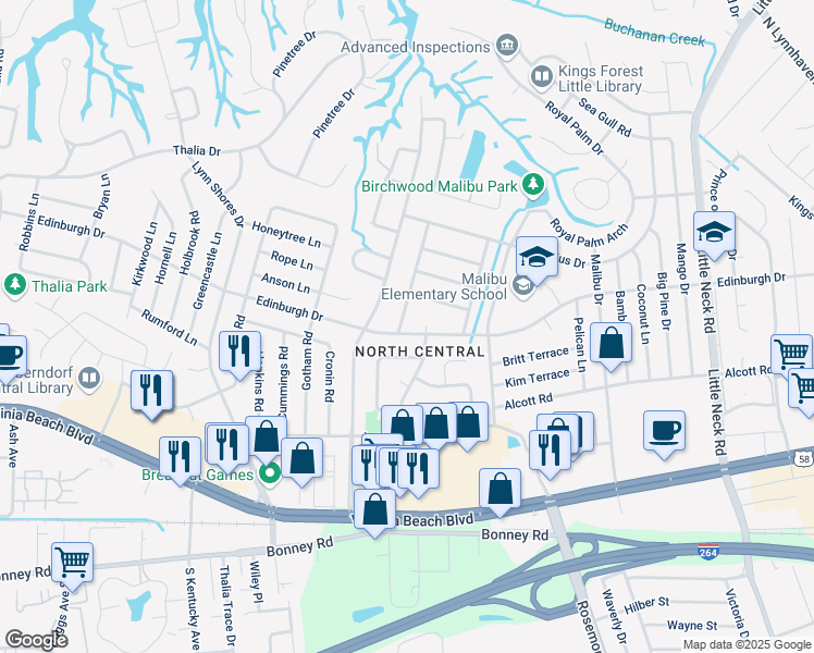 map of restaurants, bars, coffee shops, grocery stores, and more near 501 Sweeney Road in Virginia Beach