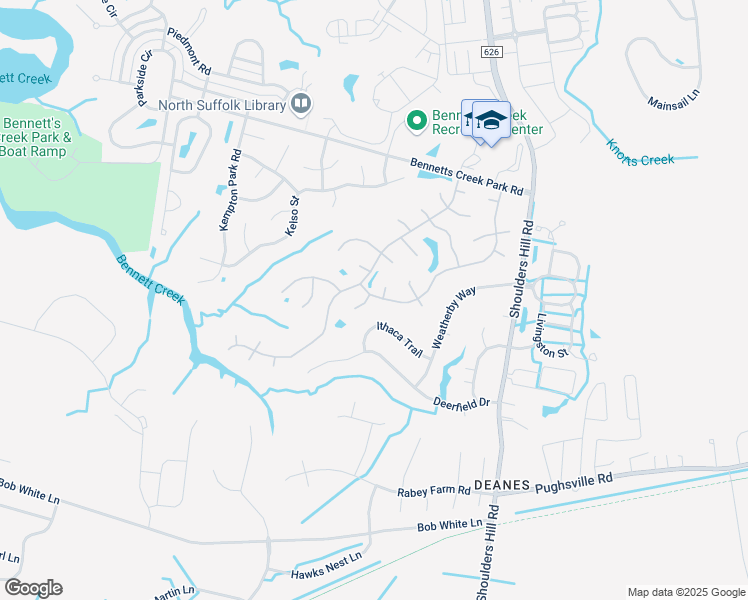 map of restaurants, bars, coffee shops, grocery stores, and more near 3500 Farrier Cove in Suffolk