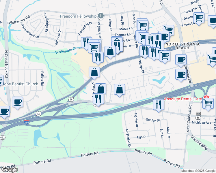 map of restaurants, bars, coffee shops, grocery stores, and more near 1997 Eastwood Villa Lane in Virginia Beach