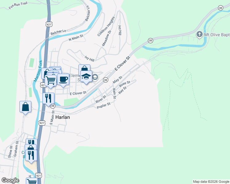 map of restaurants, bars, coffee shops, grocery stores, and more near 602 Rose Street in Harlan
