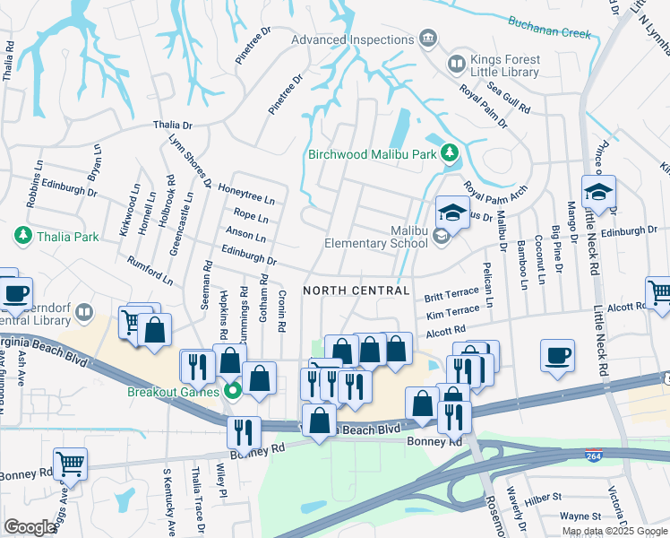 map of restaurants, bars, coffee shops, grocery stores, and more near 501 Sweeney Road in Virginia Beach